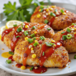 A close-up of golden-brown crispy chicken fillets topped with vibrant garnishes, including diced green onions, sweet corn, and a drizzle of red sauce.