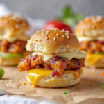A close-up image of a mini chicken slider with crispy chicken, melted cheese, and a sesame seed bun, served on a parchment-lined surface.A close-up image of a mini chicken slider with crispy chicken, melted cheese, and a sesame seed bun, served on a parchment-lined surface.