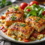 Mediterranean-style chicken fillets glazed with a golden sauce, garnished with fresh chives, served alongside cherry tomatoes, corn, and a leafy green salad.
