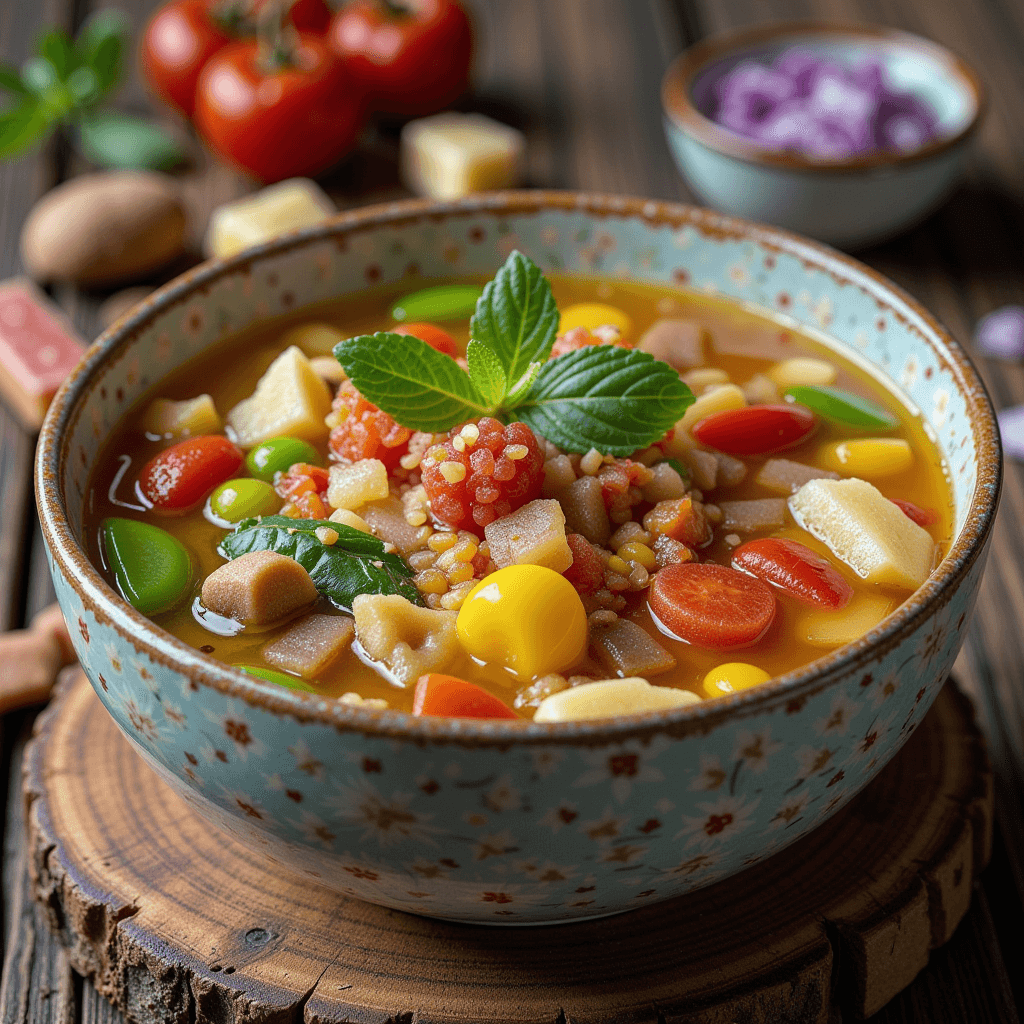 A bowl of Soulful Chicken Soup with colorful vegetables, grains, and fresh mint on a rustic wooden table.