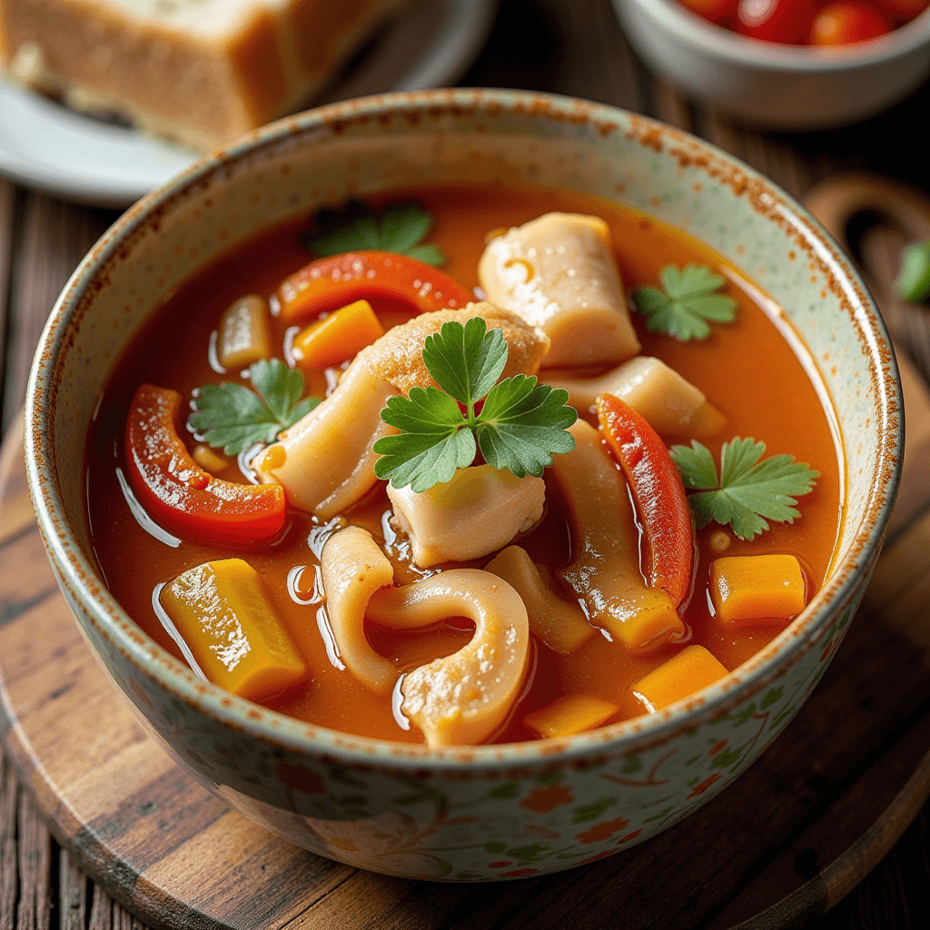 A comforting bowl of soulful chicken soup filled with pasta, diced vegetables, red bell peppers, and tender chicken, garnished with fresh parsley.
