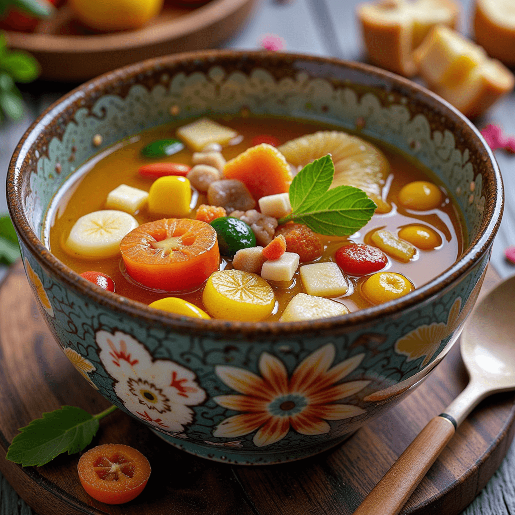 Colorful bowl of Soulful Chicken Soup with assorted vegetables and herbs in a floral-patterned bowl.