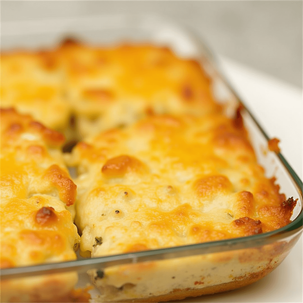 Baked cheesy chicken mini fillets in a glass casserole dish, golden and bubbling with melted cheese on top.