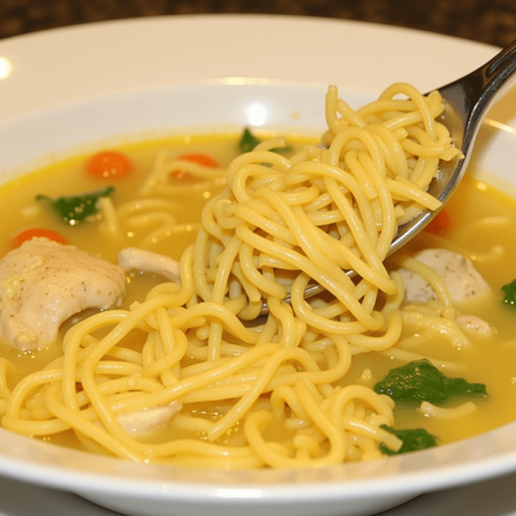 Soulful chicken soup with egg noodles, tender chicken pieces, and vegetables in a golden broth.