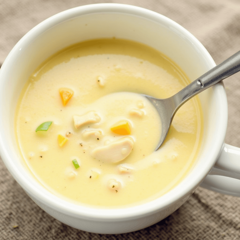 Creamy chicken soup with cauliflower, colorful vegetables, and a spoon in a white bowl.
