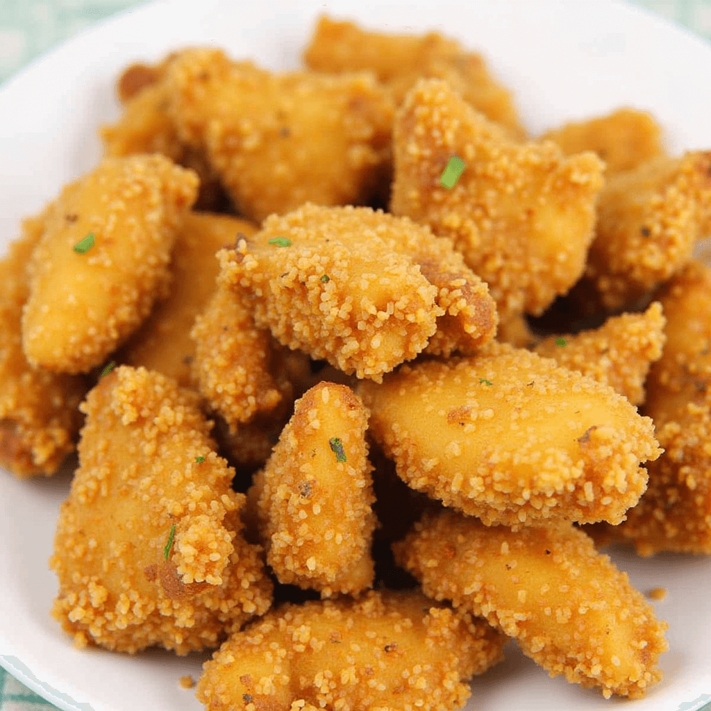 Crispy golden chicken mini fillets on a white plate – perfect for chicken mini fillet recipes.
