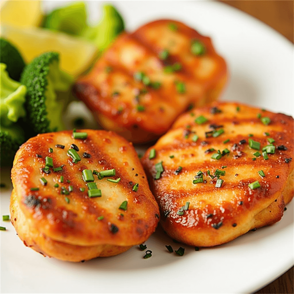 Grilled chicken mini fillets served on a white plate, garnished with chopped herbs and accompanied by steamed broccoli and lemon wedges.