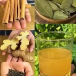 Natural ingredients including cinnamon sticks, bay leaves, fresh ginger, cloves, and a glass of healthy herbal drink.