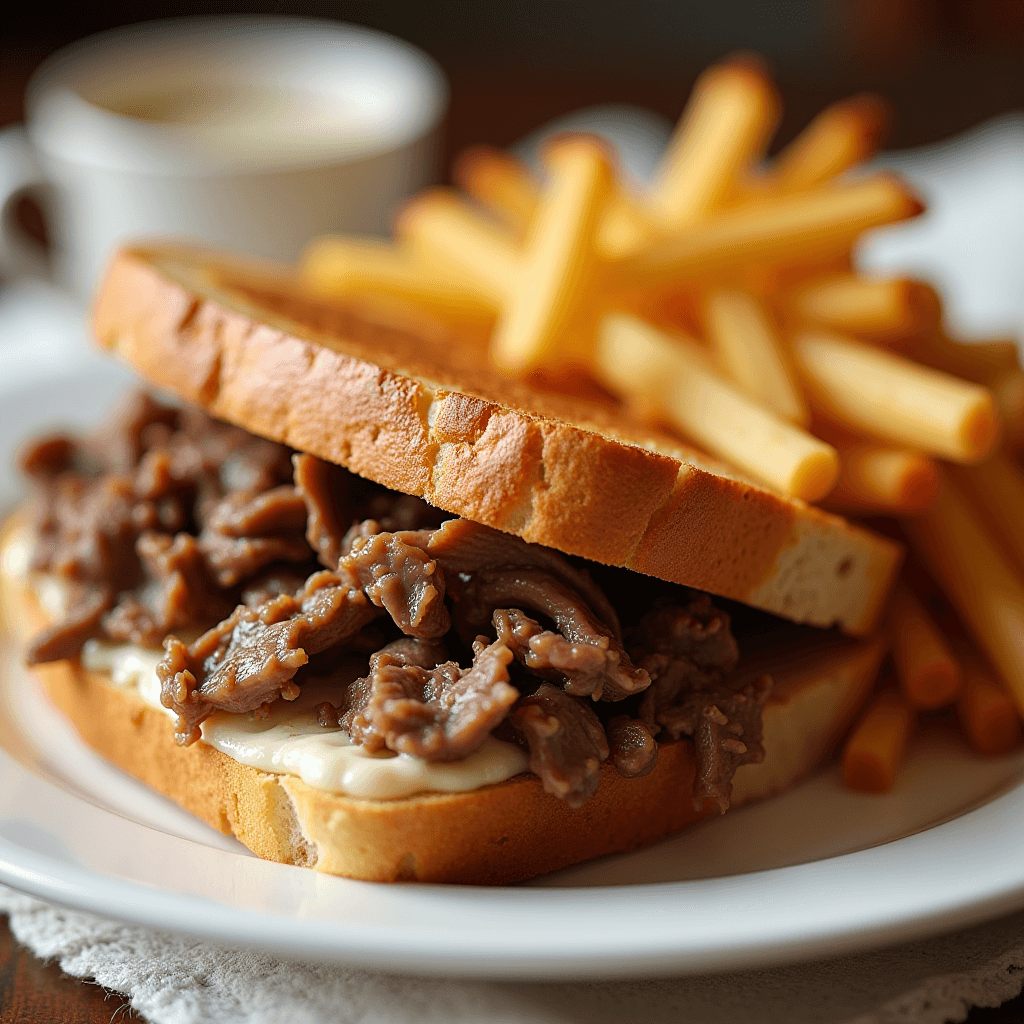 Creamed chipped beef on toast served with golden fries – a classic breakfast comfort food.